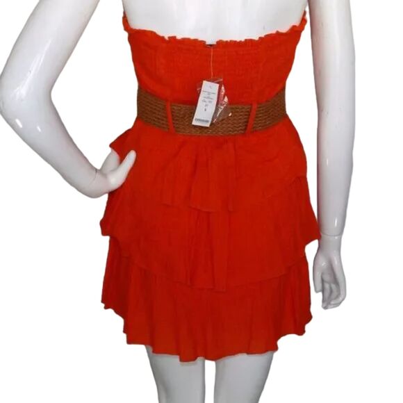 new 2B BEBE Mini Dress, S, Orange, Belt, Strapless, Ruffle/Tier Skirt, Side Zip - Picture 5 of 15
